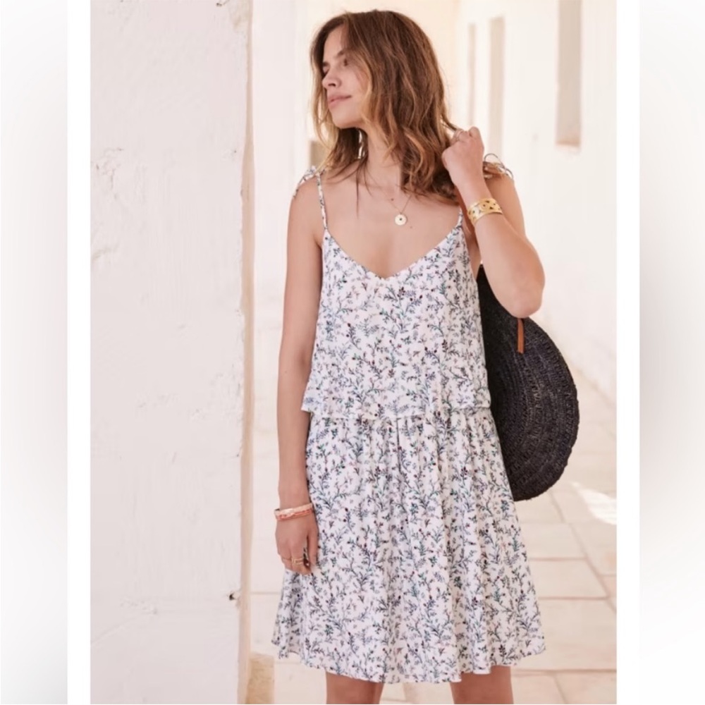 Sezane Ashley Ruffle Floral Mini Dress: Printed Blue Leaves